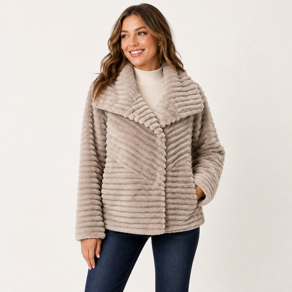 Bernardo Faux Fur Coat Jacket Womens Large Taupe Plush Soft Warm Elegant Chic